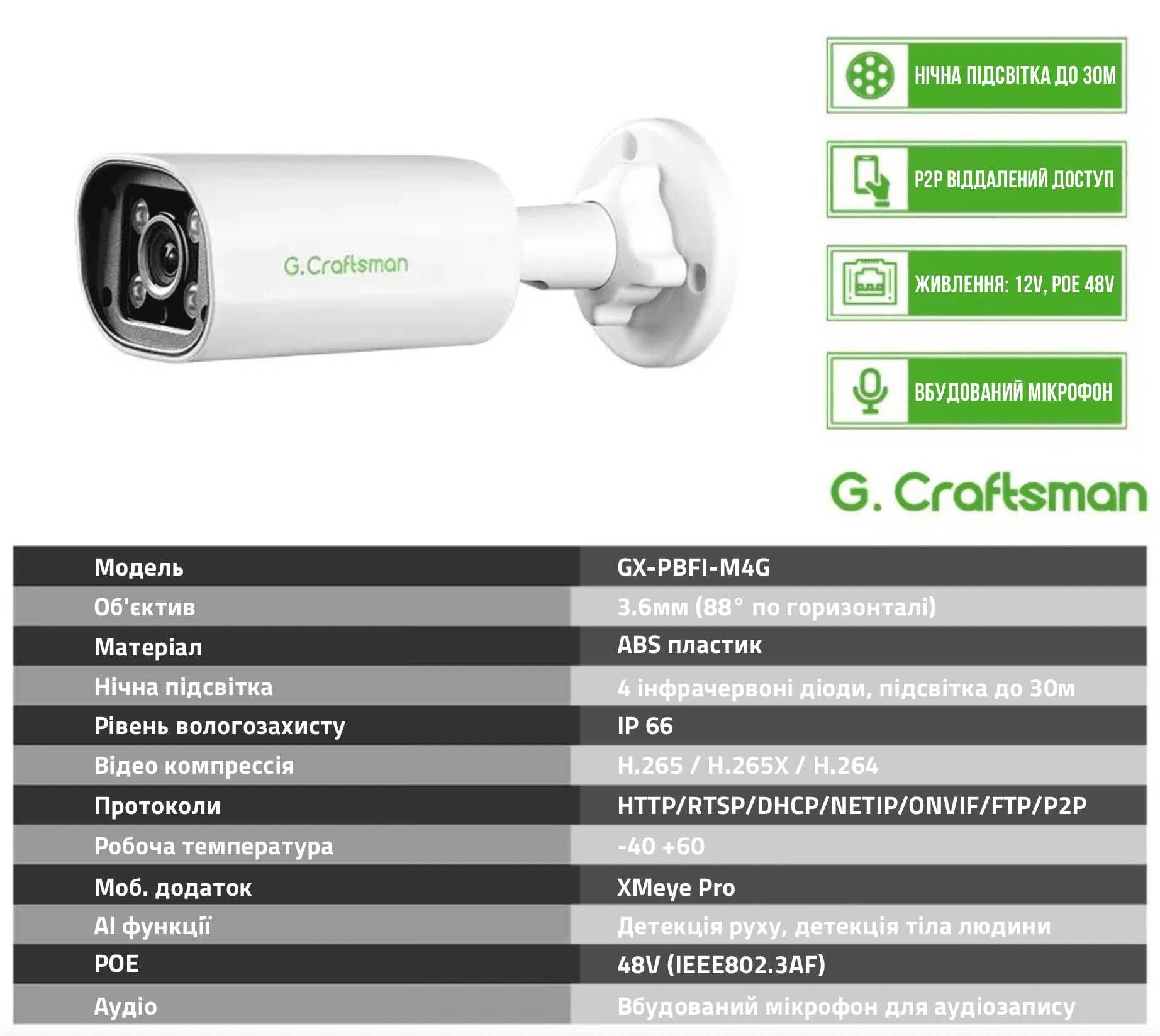 Камера видеонаблюдения уличная G.Craftsman 4MP POE 3.6мм (Xmeye/iCsee)
