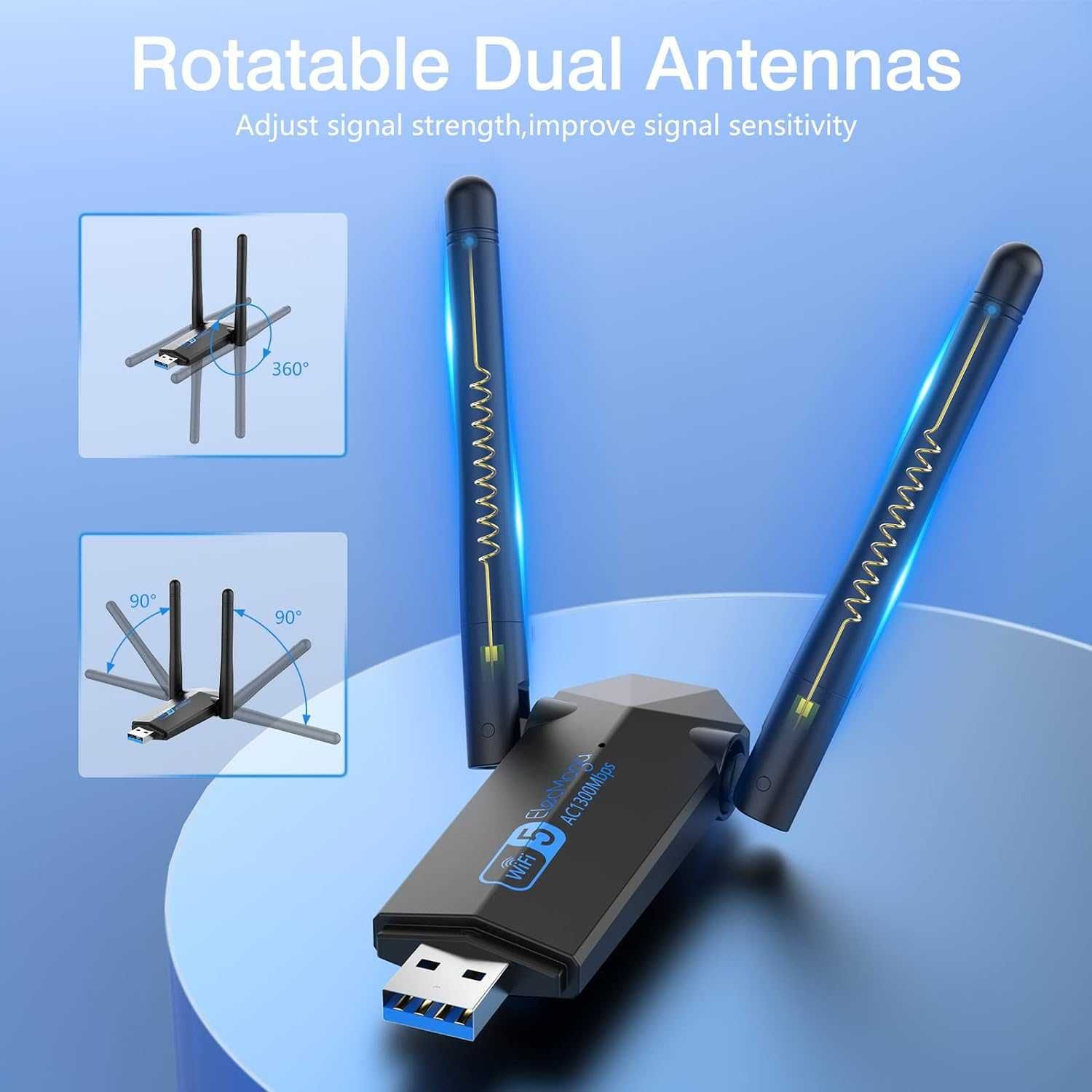 ElecMoga karta sieciowa WiFi 2.4 / 5GHz USB 3.0 Adapter PC 1300 Mbps