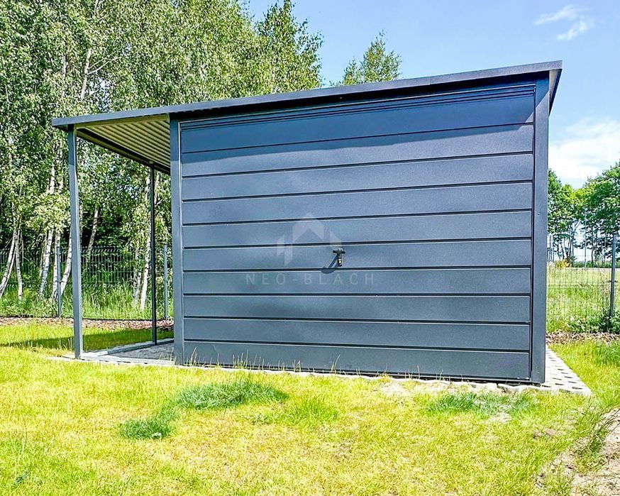 Garaż Blaszany 3X5M + Wiata 1X5M Brama Uchylna Antracyt Nb203