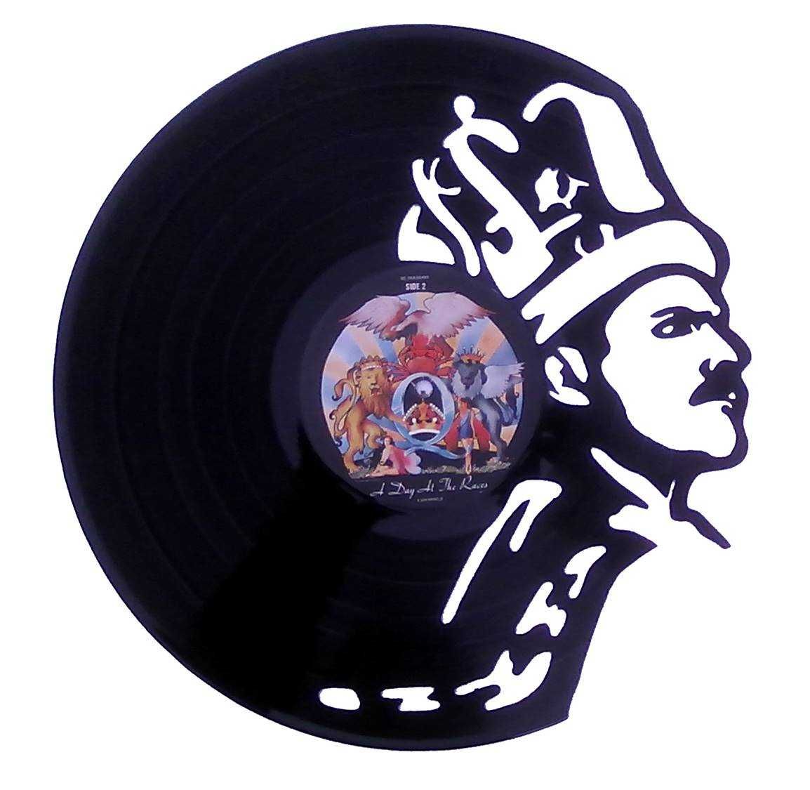 Silhueta decorativa Freddie Mercury feita com um disco de vinil LP