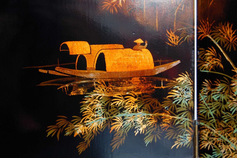 Parawan z laki, chiński obraz, pejzaż, laka, żurawie łodzie, vintage