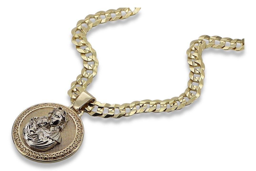 Złota zawieszka medalik 14k Matka Bosk z łańcuszek pm027yw37&cc099y K