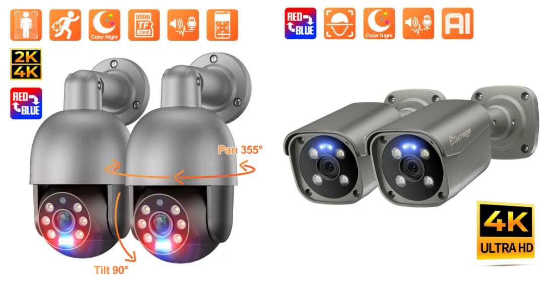 IP камери відеонагляду Techage - 5mp, 8mp, POE, PTZ, IP66, ONVIF