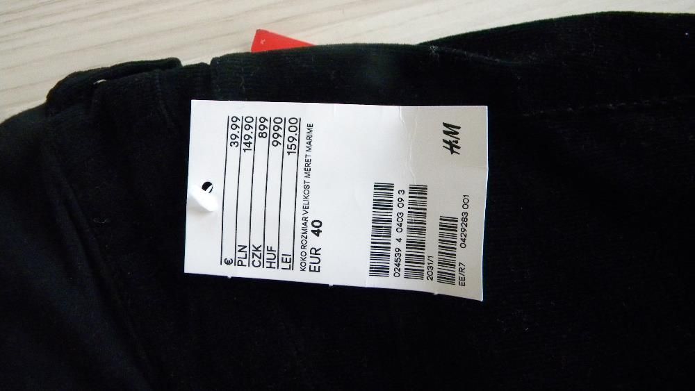 h&m mama spodnie sztruksowe czarne 40 nowe rurki panel hm ciążowe