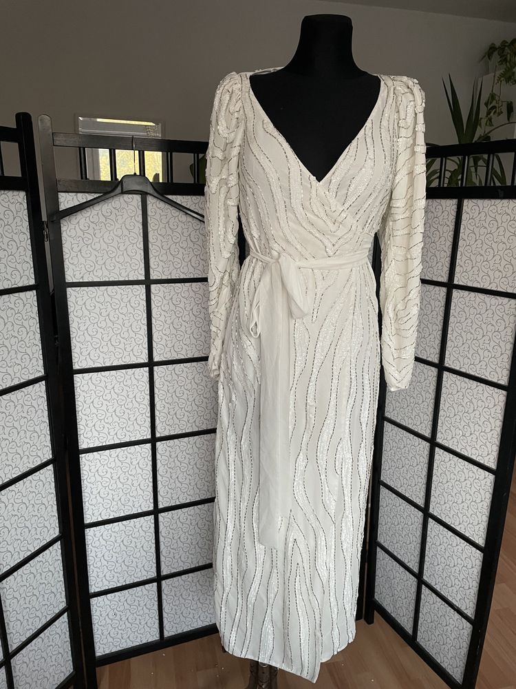 cekinowa sukienka midi kopertowa pasek  32 xxs 34 xs asos luxe