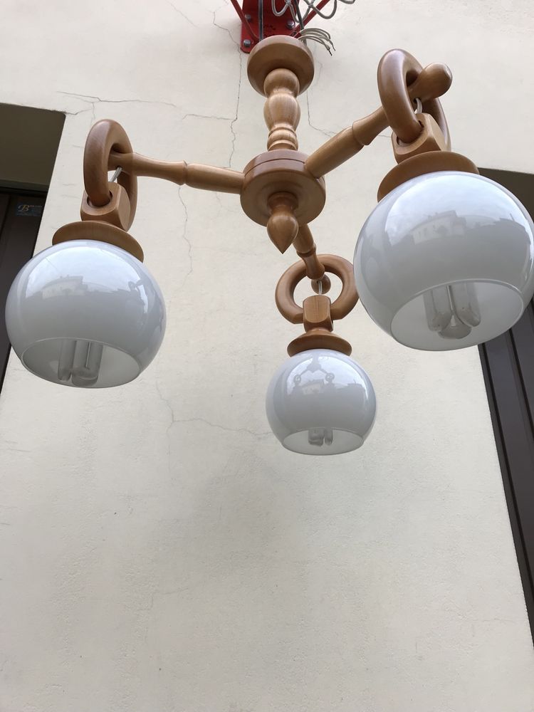 Lampa drewniana klosz żyrandol 3-ramienny