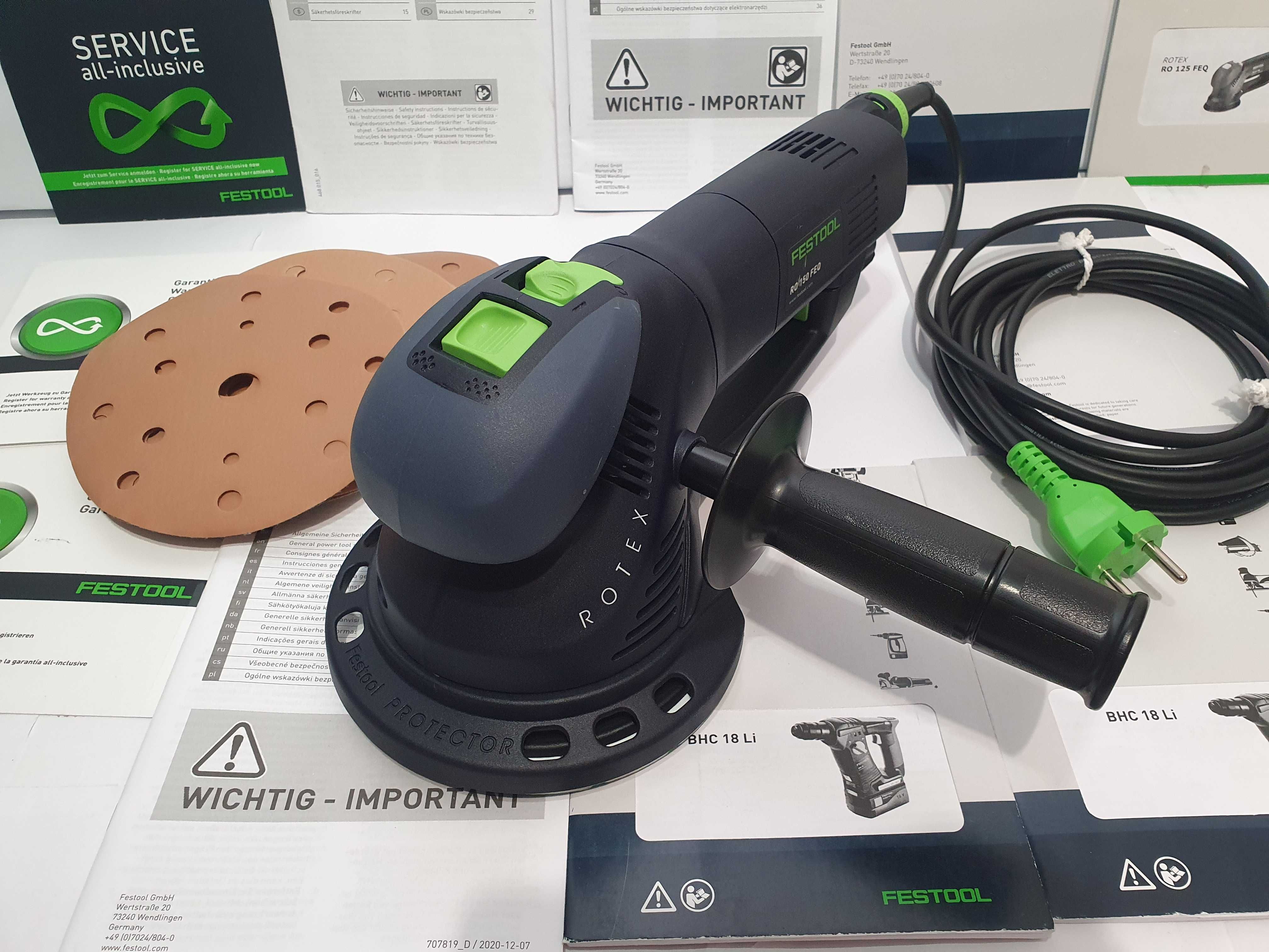 Duzy zestaw FESTOOL RO 150 szlifierka +papiery 30szt+raczka+protector