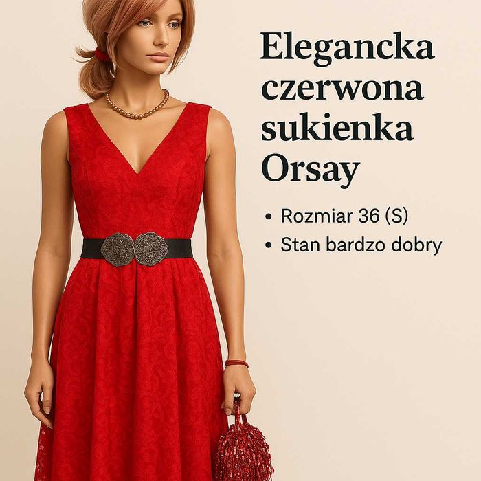 Czerwona sukienka koronkowa Orsay, rozkloszowana, r. 38