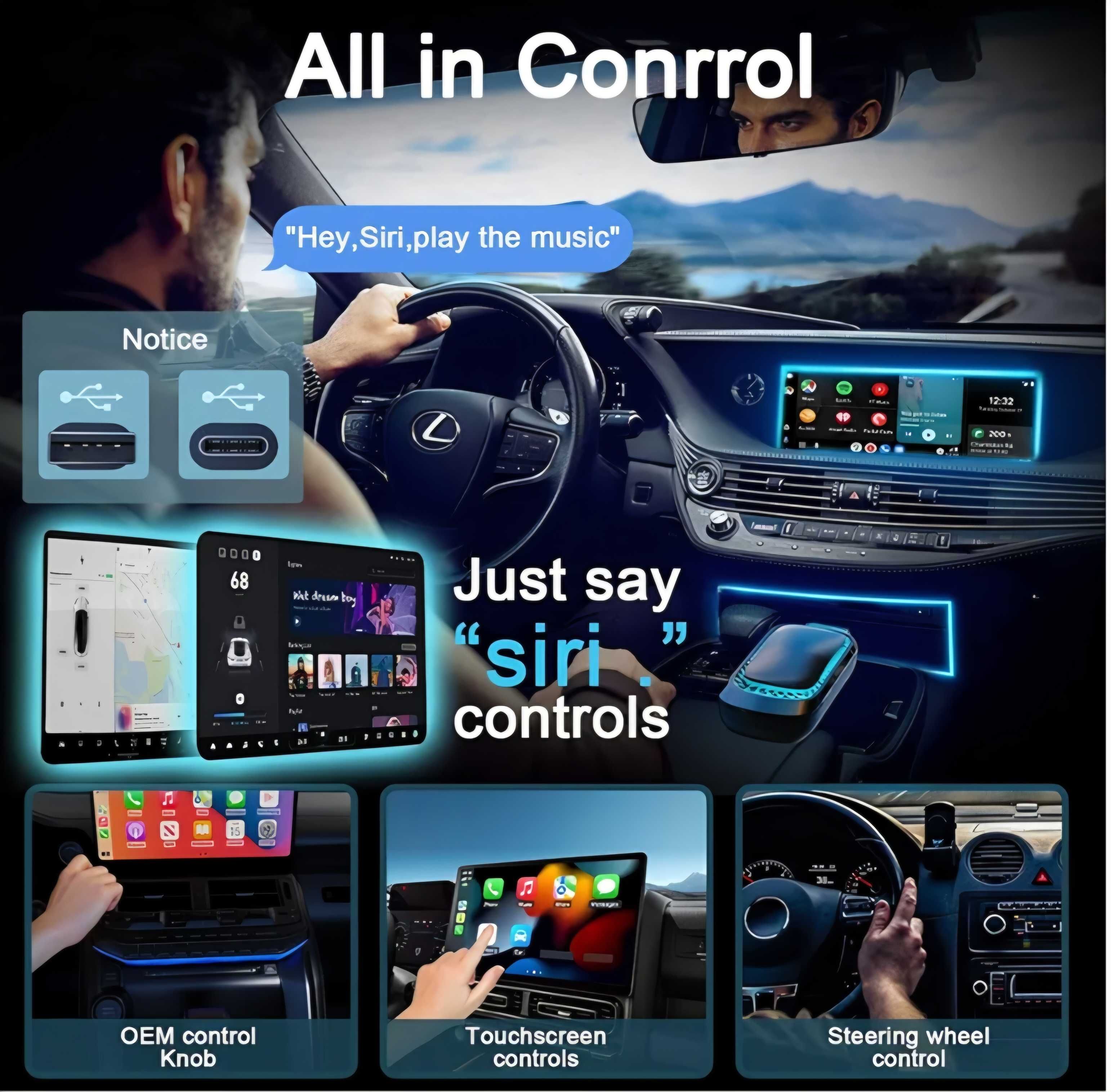 Bezprzewodowy adapter 2w1 Android Auto CarPlay BT WiFi USB-A USB-C RGB