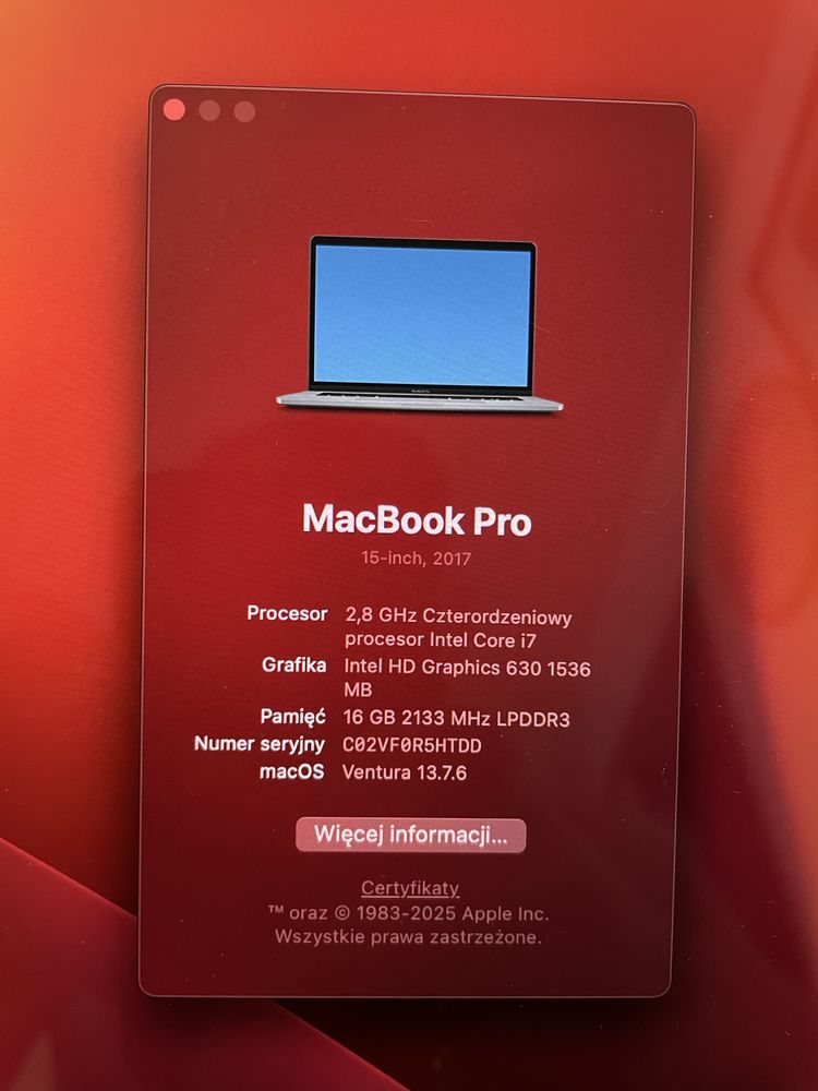 Apple A1707 Macbook PRO 15,4 stan bdb 2017 rok  512 GB