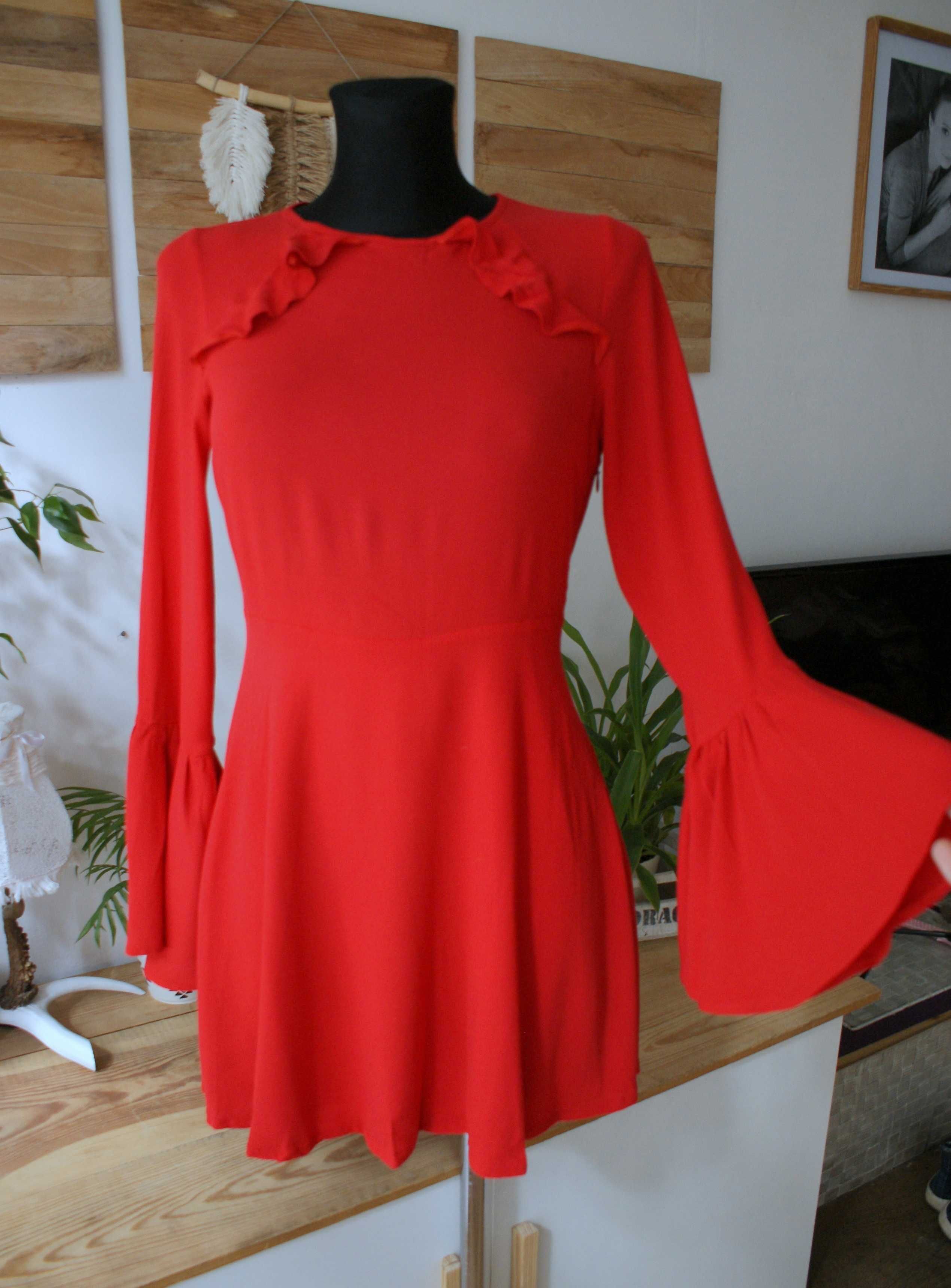 Pull&Bear czerwona sukienka szerokie rękawy bez pleców wieczorowa 36