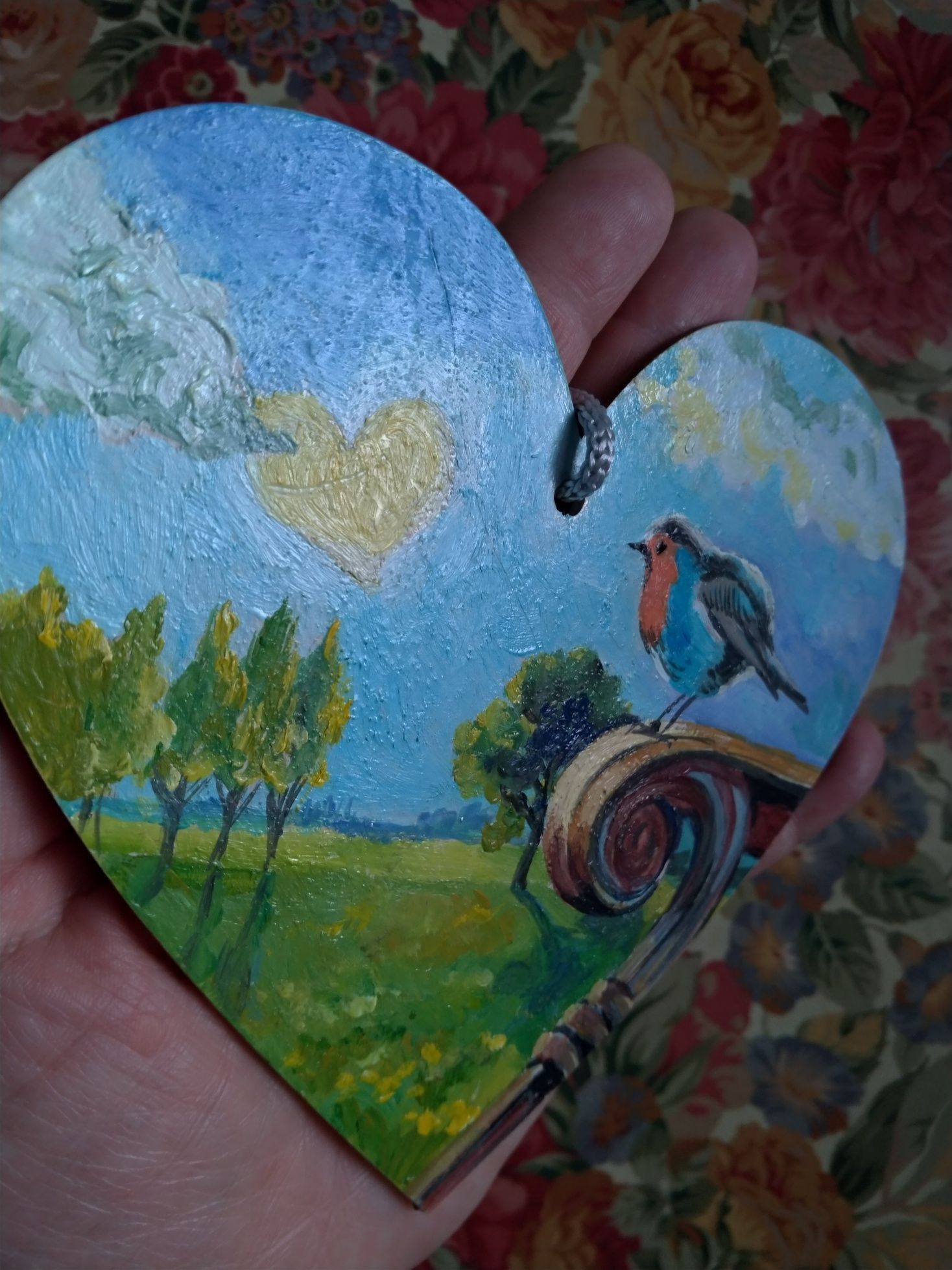 Serce ptak koniczyna obraz olejny handmade