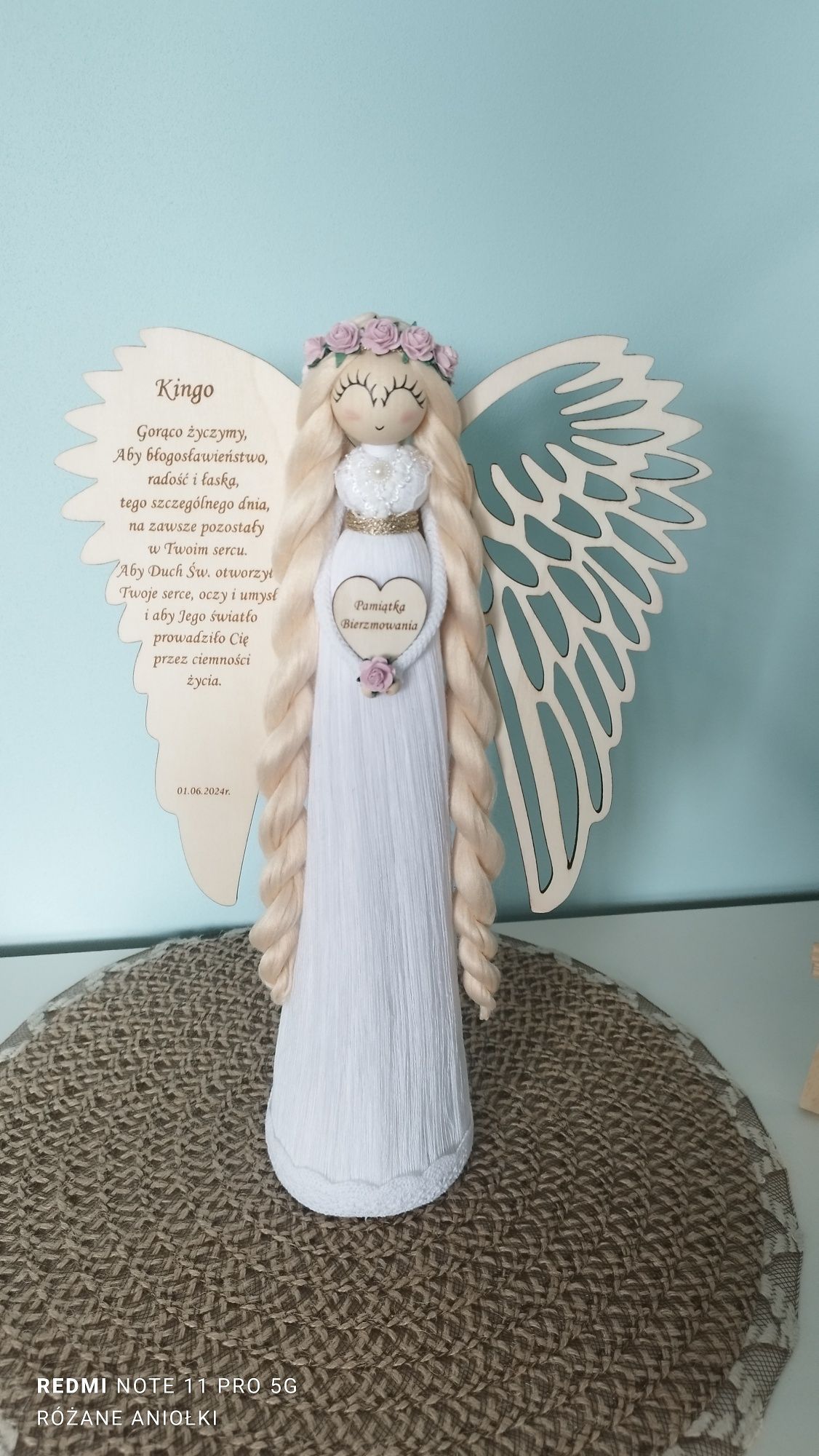 Anioł Stróż makrama stojący anioł, Statuetka 35 cm