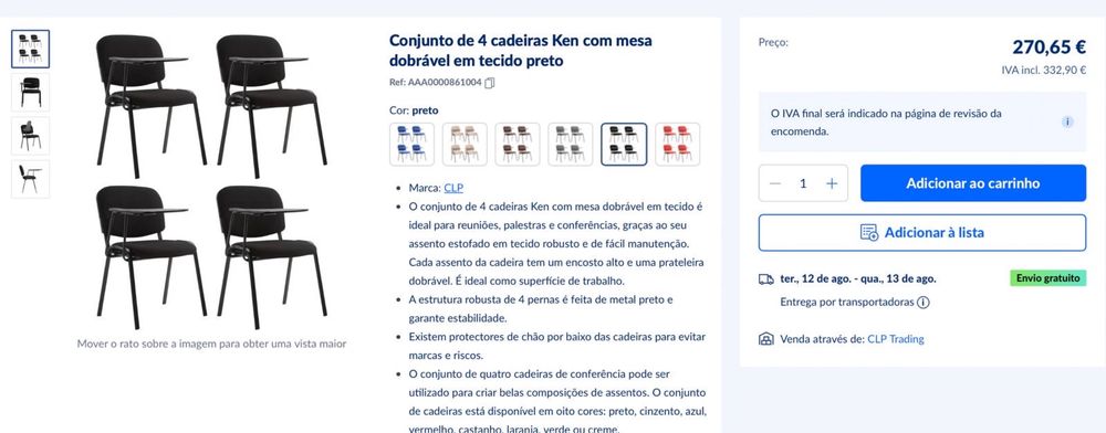 Conjunto de 8 cadeiras com pá/mesa para escola/formação/cursos
