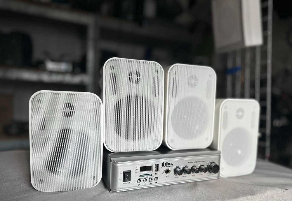 Комплект фонового звука Підсилювачь та 4 колонки 100кв.м. білий чорн