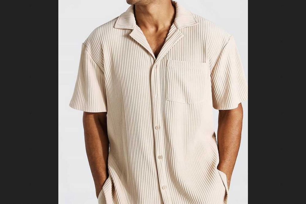 Plisowana Oversize Pleated koszula beżowa Streetwear S M L t-shirt