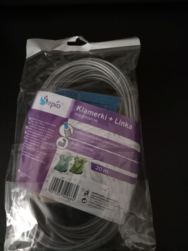 Linka 20 metrów na pranie plus klamerki w komplecie. Nowe. Mocna linka