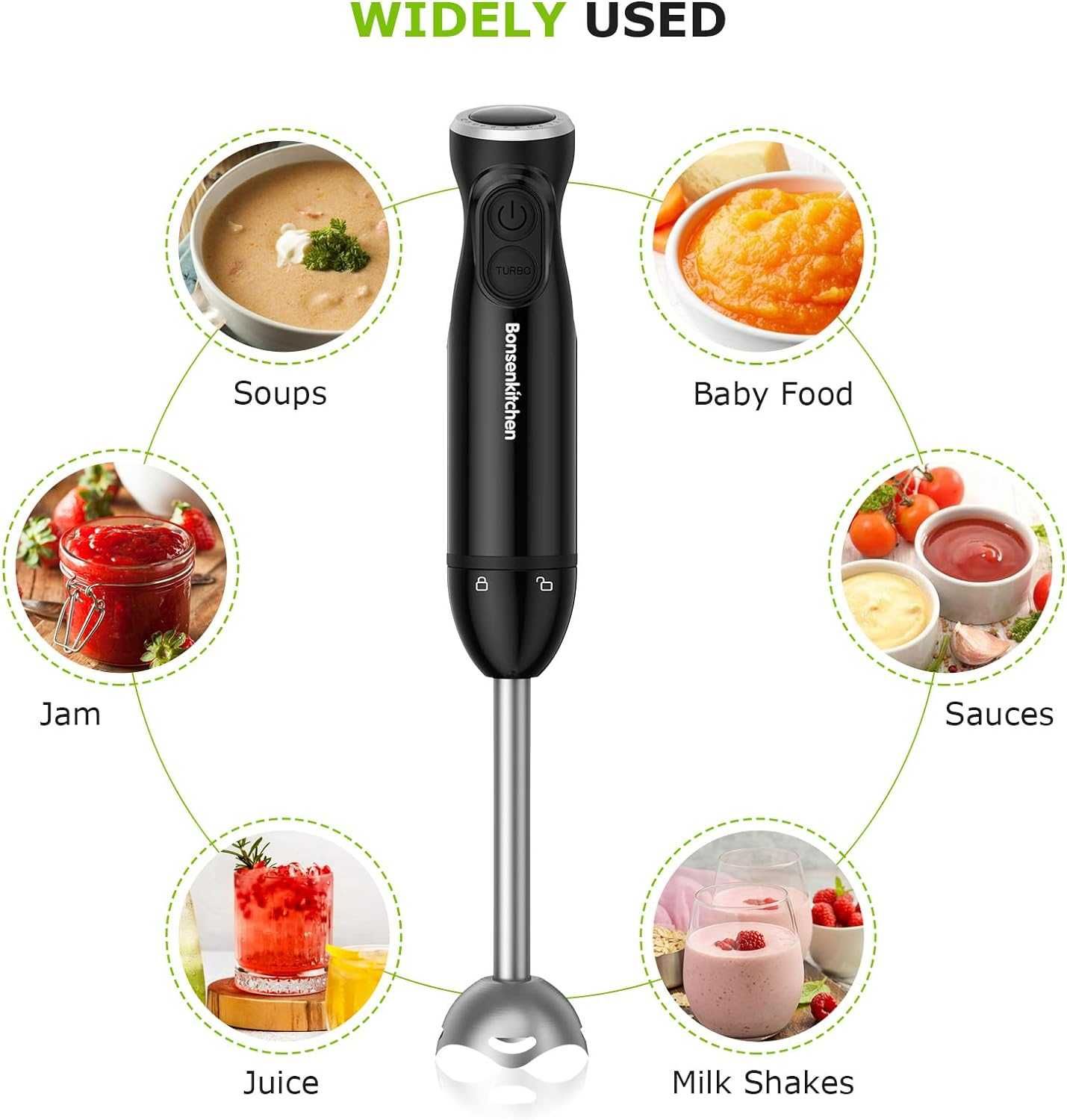 Bonsenkitchen Blender ręczny, 1000 W, stal nierdzewna, reg. prędkości