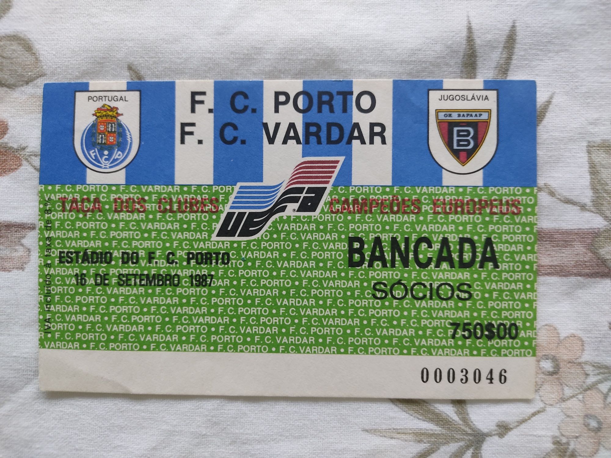 Bilhete FC Porto Vardar 1987 taça campeões