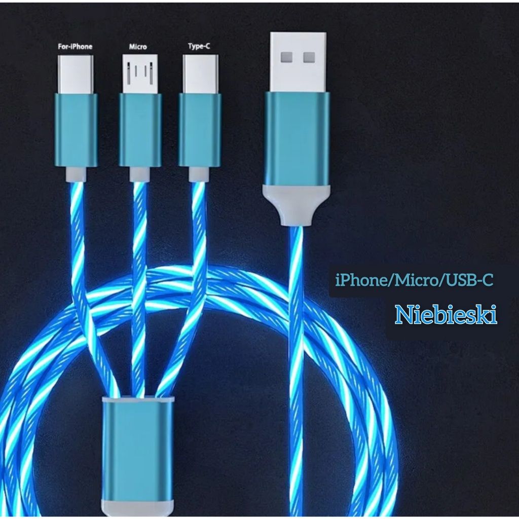 Przewód kabel ładowania 3 w 1 / iPhone / USB-C / Micro - trzy kolory