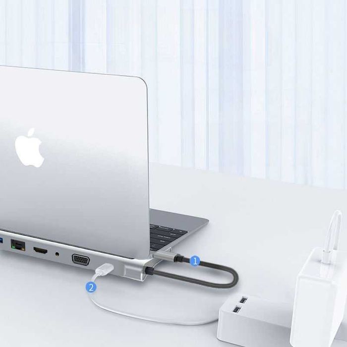 USB Type-C Hub 11 в 1 підставка HDMI HDTV SD TF RJ45 VGA AUX кардрідер