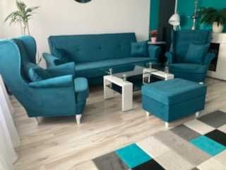 Sofa rozkładana Kanapa Zestaw mebli Komplet Uszak Fotel Puf Wersalka