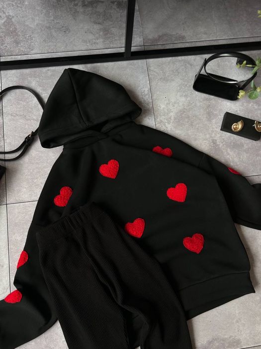 Женское худи на флисе с капюшоном+лосины Жіночий костюм в сердечко