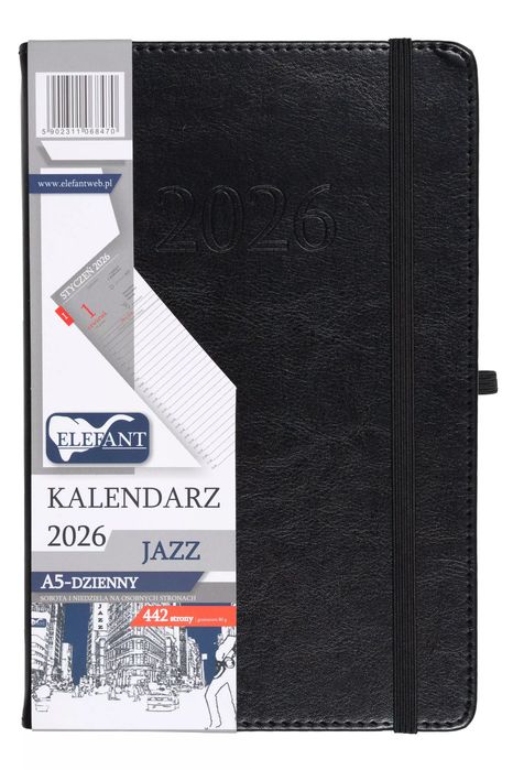 Jazz Kalendarz A5 dzienny czarny 2026. Elefant