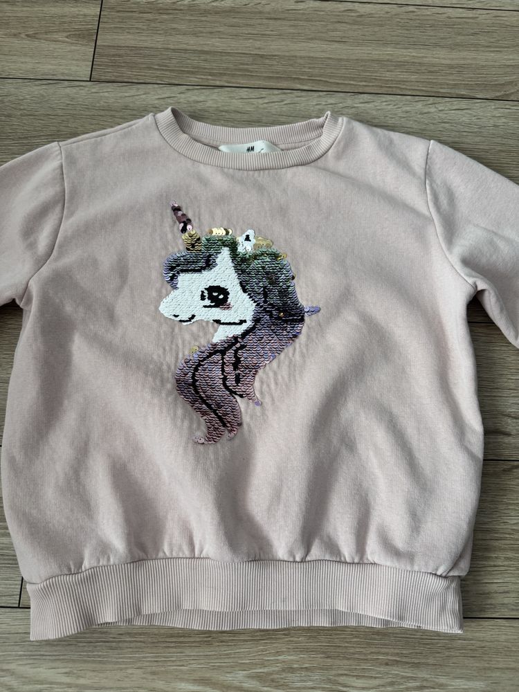 H&M różowa bluza z cekinowym jednorożcem rozmiar 122/128cm.