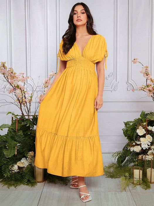 Sukienka Ciążowa Rozkloszowana Z Falbankami Casual Maxi Żółta Shein Xl