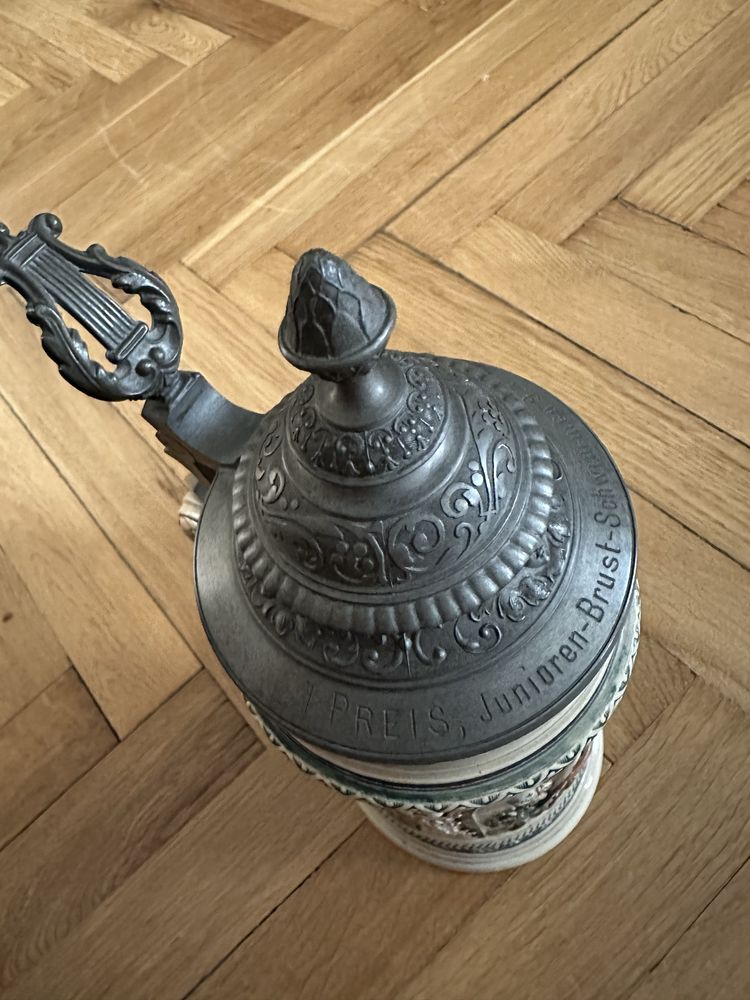 Stary niemiecki ceramiczny kufel ozdobny