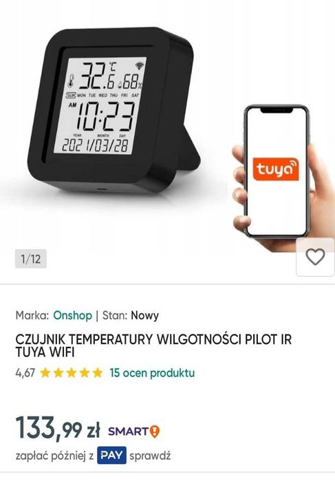 Termometr, higrometr, sterowanie klimą, wifi, IOS, IR, TUYA, android