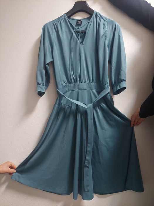 Vestido vintage verde água/azul acinzentada