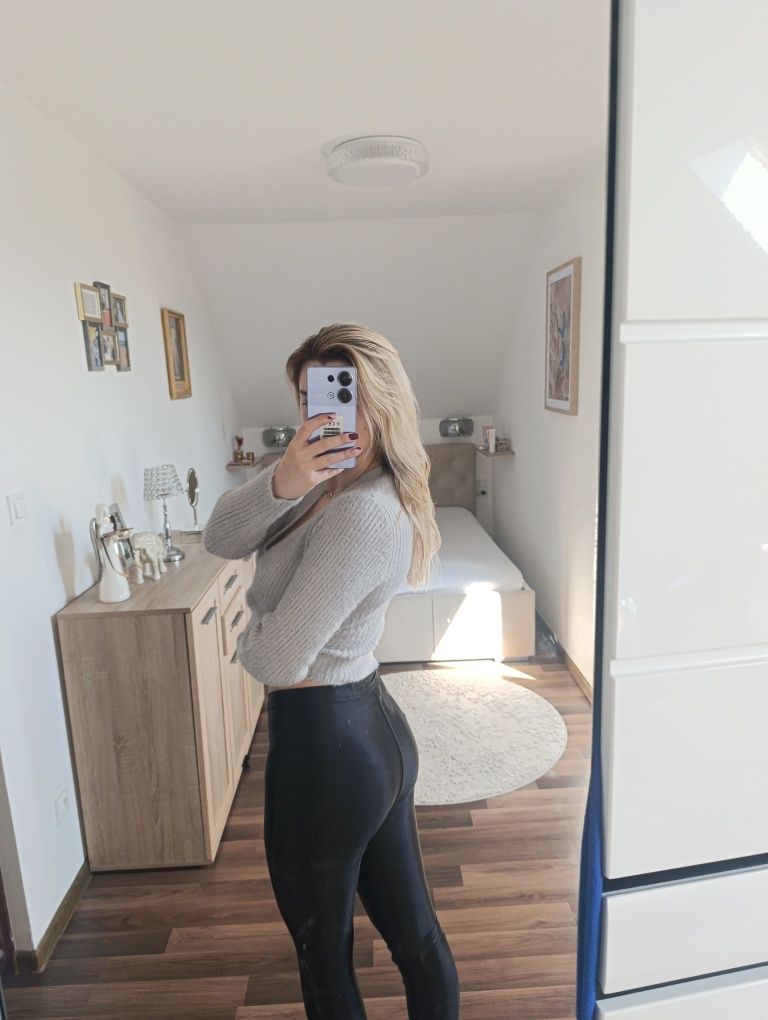Spodnie wysoki stan lśniące woskowane czarne 14 15 XS s nowe