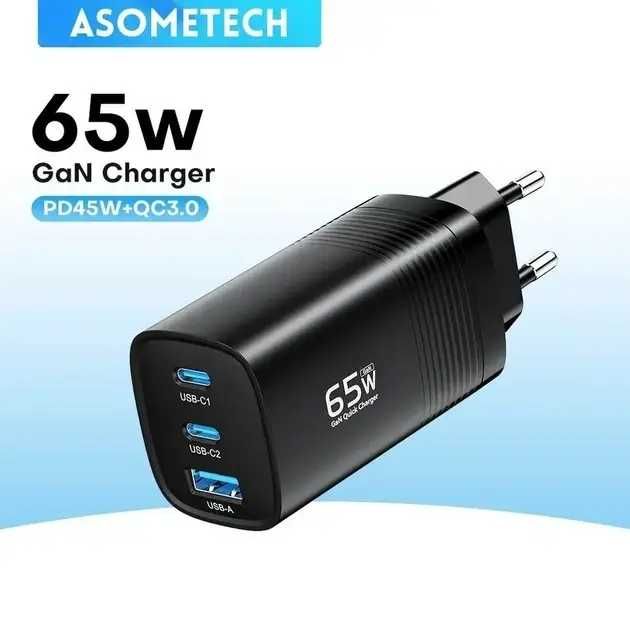 Мережевий зарядний пристрій Asometech GaN 65W 2xType-C + USB Black