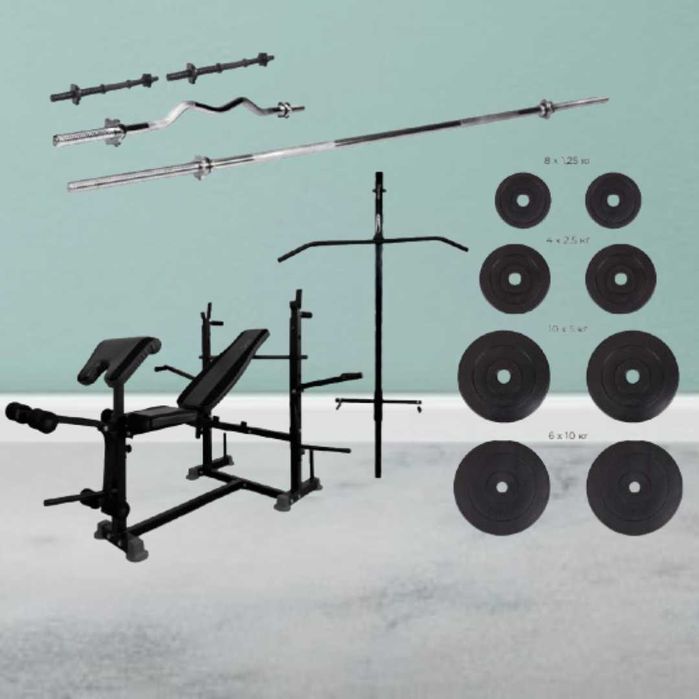 Скамья для жима WCG 0090 + Верхняя тяга + Брусья + Приставка скотта