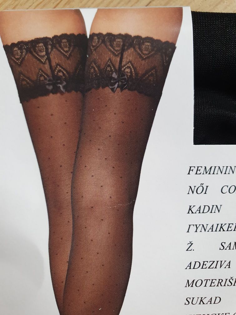 Pończochy samonośne Calzedonia s/m czarne w kropki dots 20 kokardki