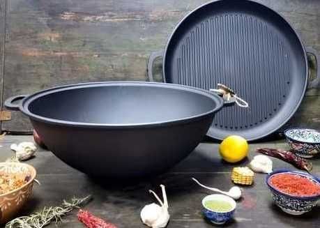 Узбецький казан чугун чавунний wok 12 л з кришкою - сковородою - гриль