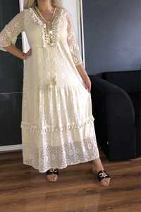 Sukienka kremowa frędzle z koronki długa styl boho bawełna XL 42