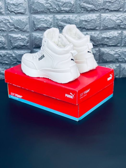 Белоснежные зимние Puma с меховой подкладкой / Кожаные белые кросовки