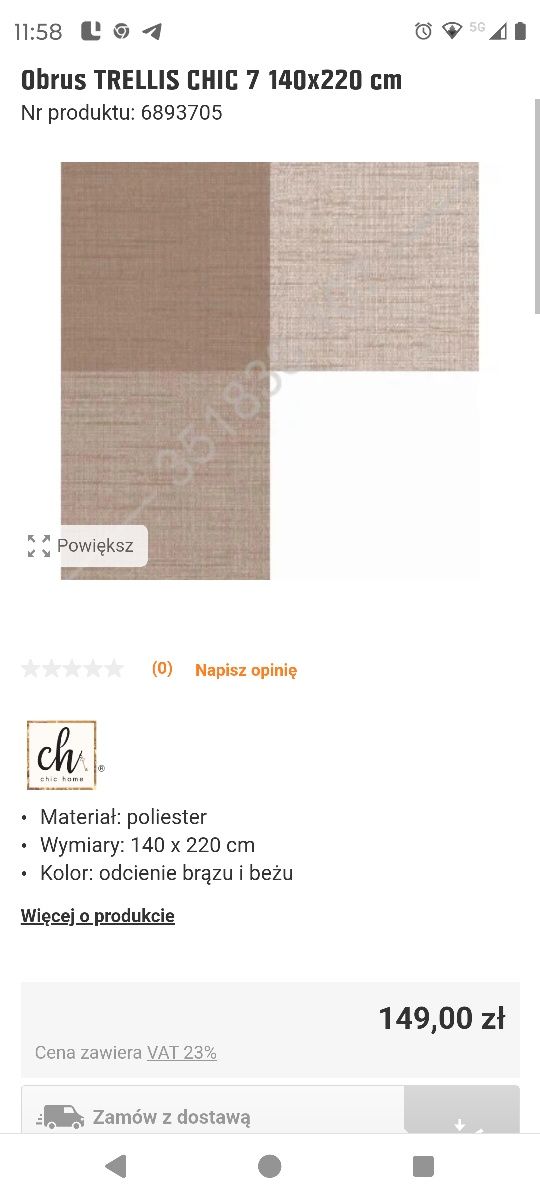 Nowy obrus 140x220 Chic Home krata beżowo-biała