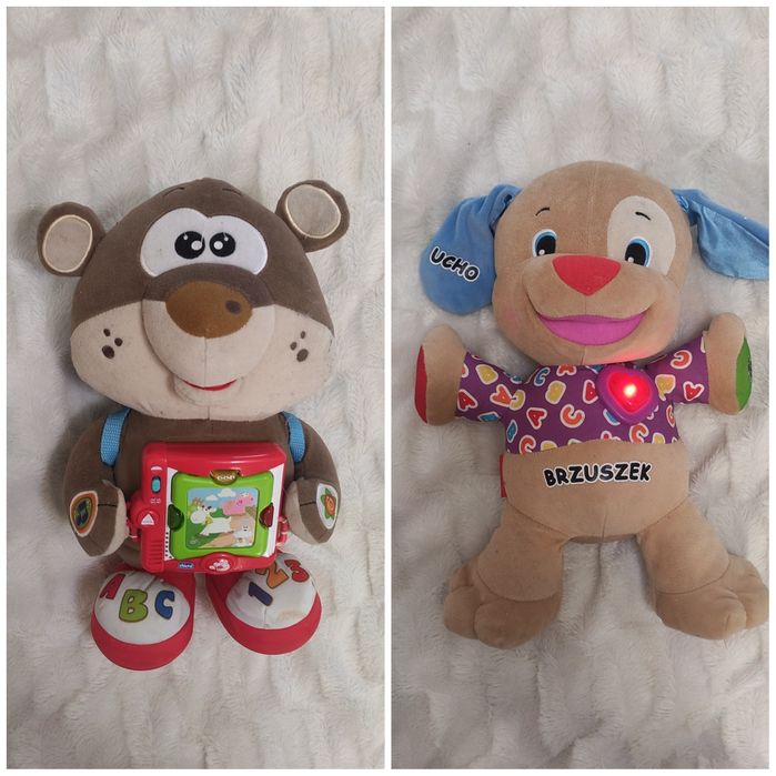 2 misie interaktywne grające Fisher Price i Chicco