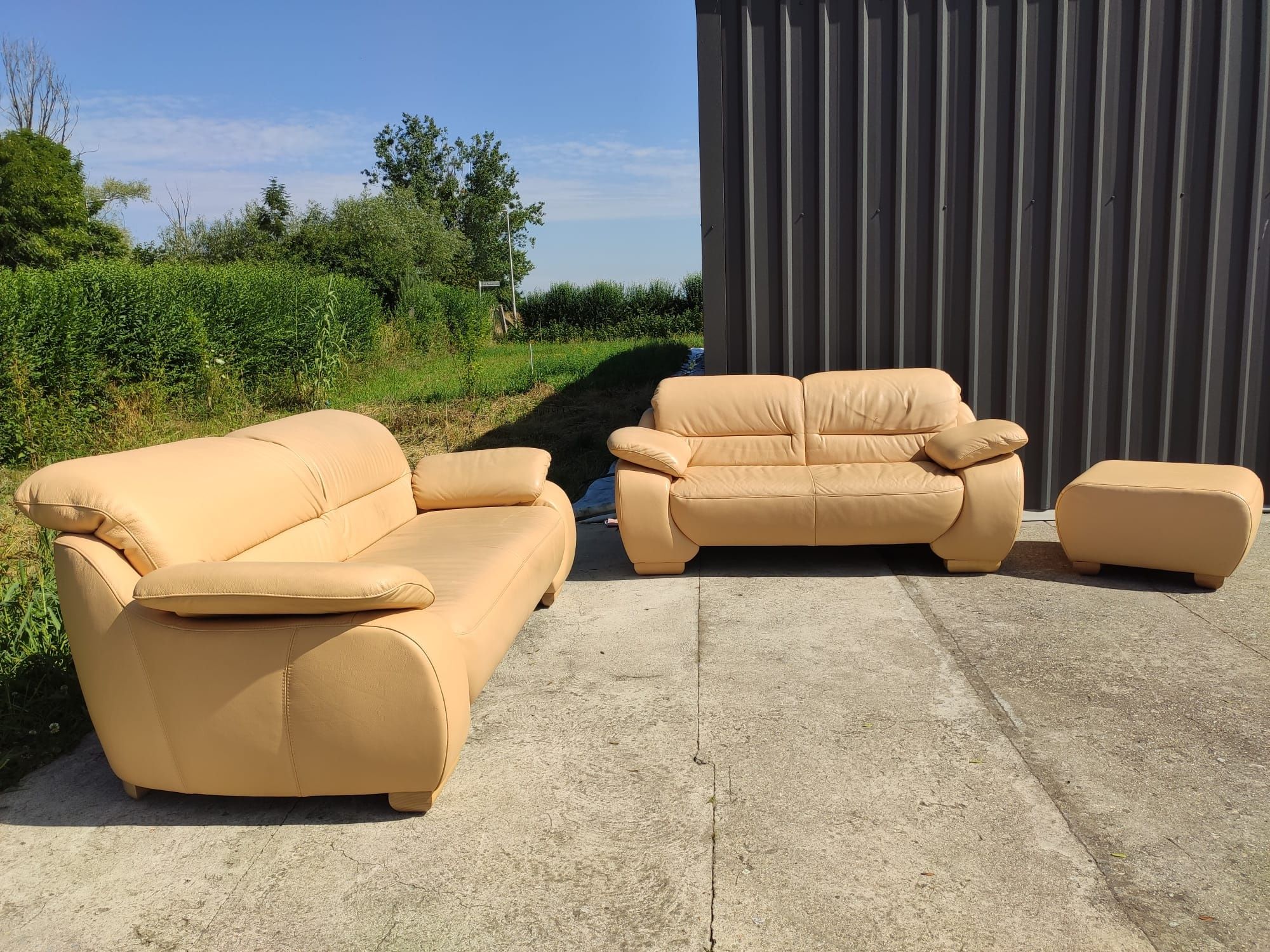 Sofa skórzana 3-osobowa+2-osobowa+pufa-skóra naturalna! Nowoczesny!