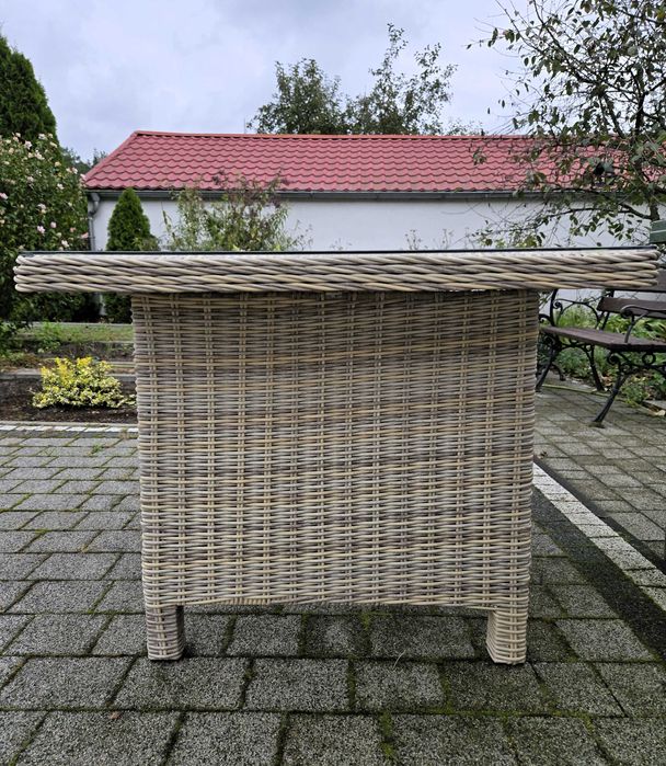 Stół technorattanowy jak nowy szklany blat beż prostokątny rattan