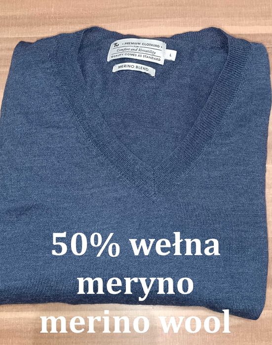 Sweter męski w serek z wełny z merynosa Merino Wool L granatowy TU