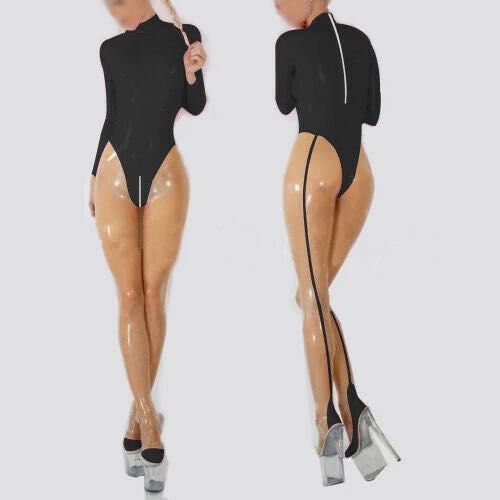 792/ OD RĘKI Kombinezon latex lateks catsuit czarno transparentny M