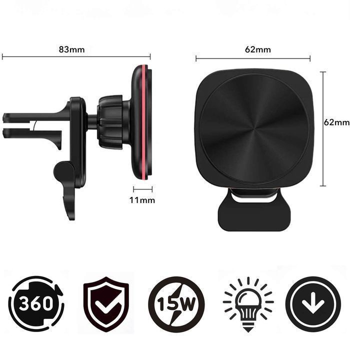 Uchwyt samochodowy na kratkę z ładowarką Mag Safe 15w do iPhone LED PD