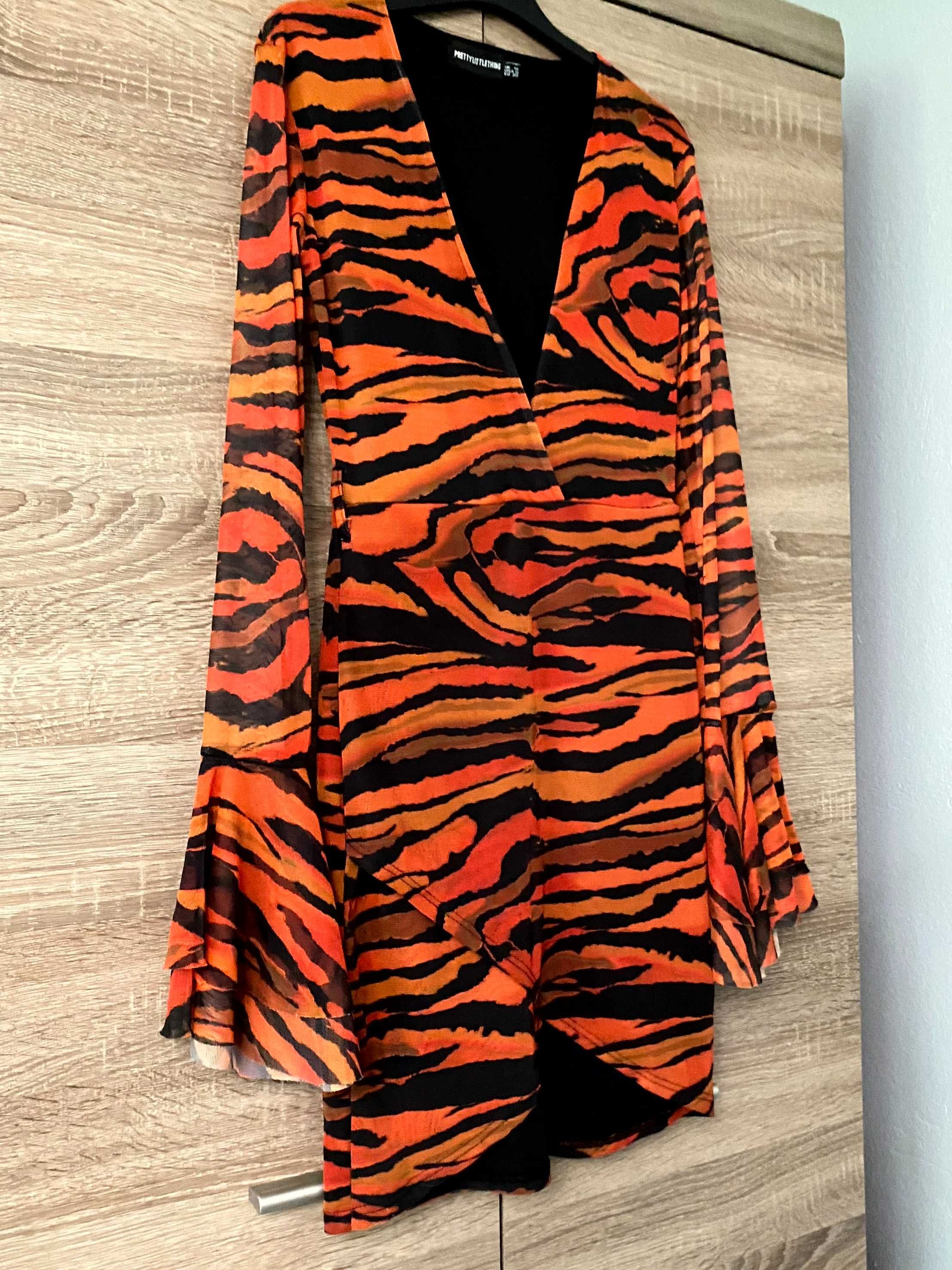 Sukienka karnawał tygrys w paski tygrysa wzór elegancka pomarańczowa S