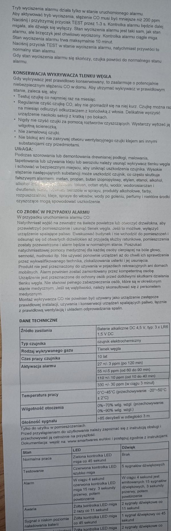 Czujnik czadu tlenku węgla BATERYJNY SMARTWARES