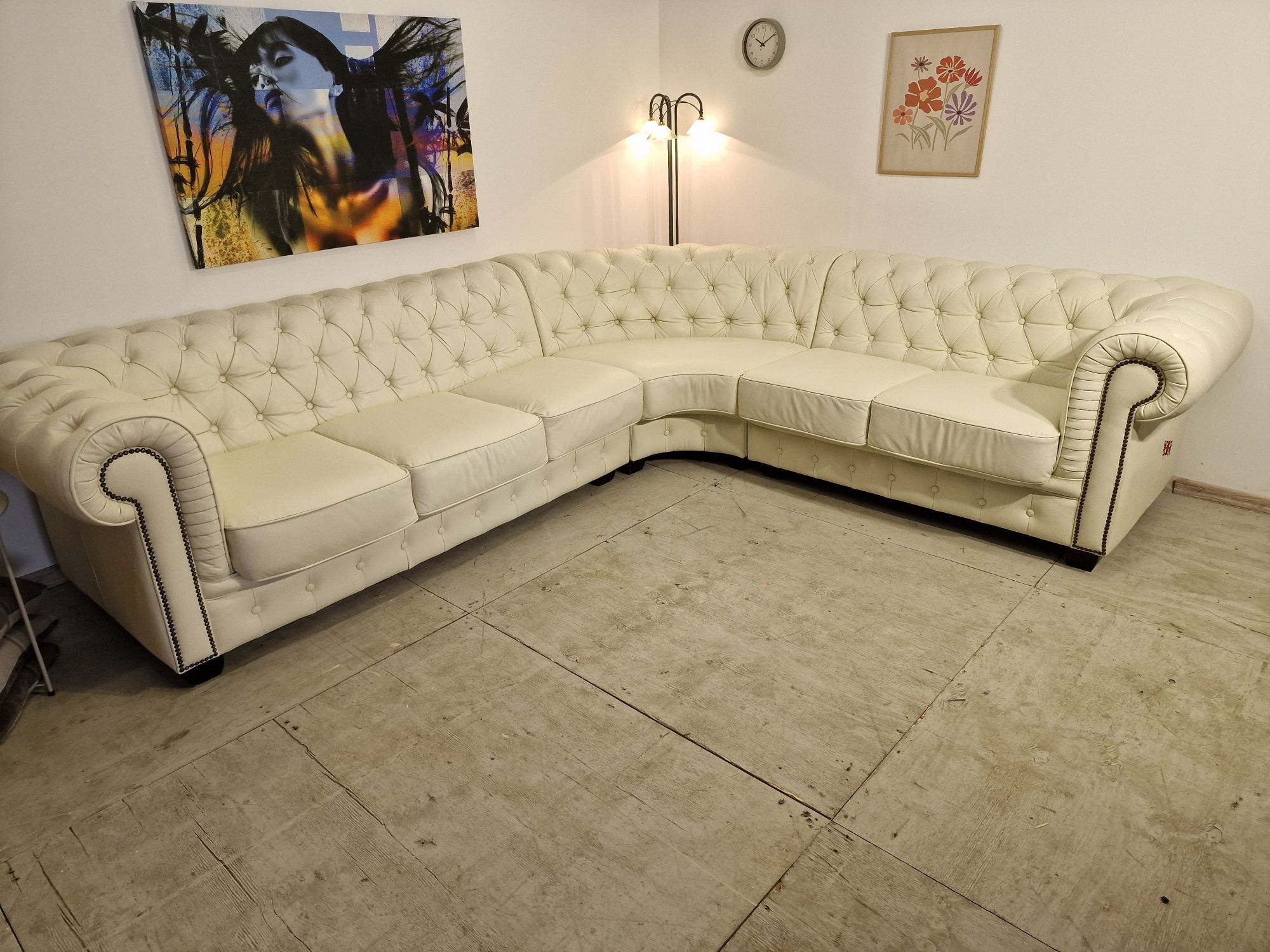 Narożnik skóra naturalna "Chesterfield" biały/ecru